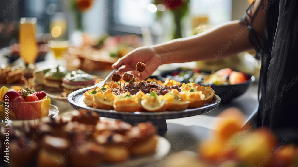 Array of various foods laid out on a table, indicating a buffet-style meal possibly for a brunch or a social event. Array of various foods laid out on a table, indicating a buffet-style meal possibly for a brunch or a social event.