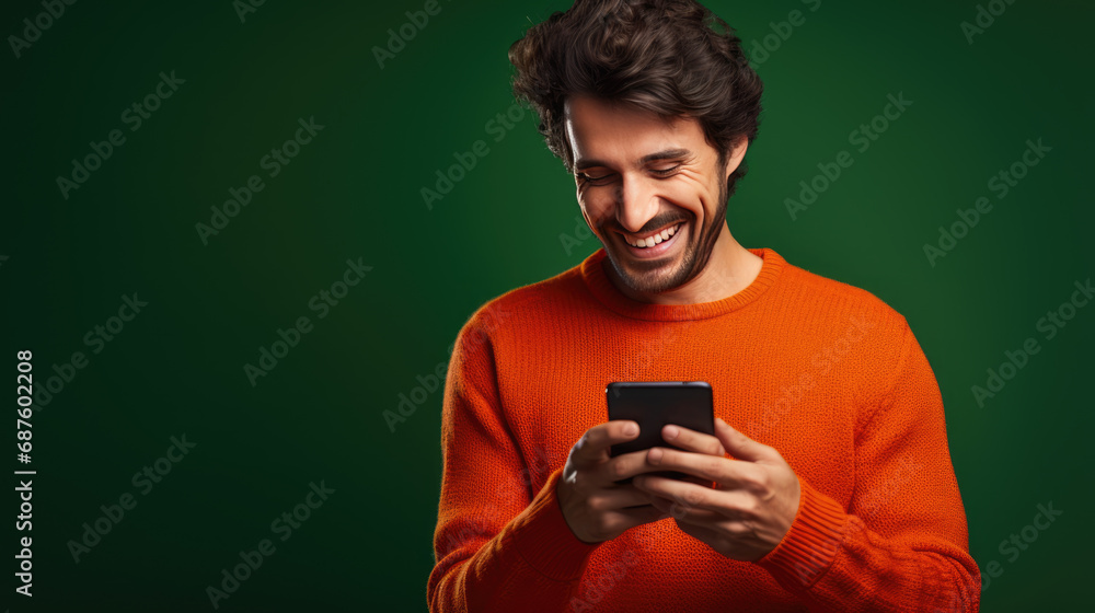 Fototapeta premium Young man is using a smartphone against green background.