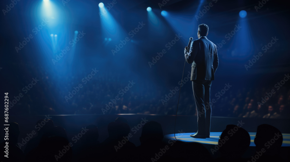 Man in a suit speaking into a microphone in front of an audience in a dark auditorium.