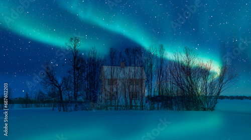 Billede på lærred Green northern lights over rural county house of northern Norway