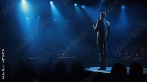 Man in a suit speaking into a microphone in front of an audience in a dark auditorium.