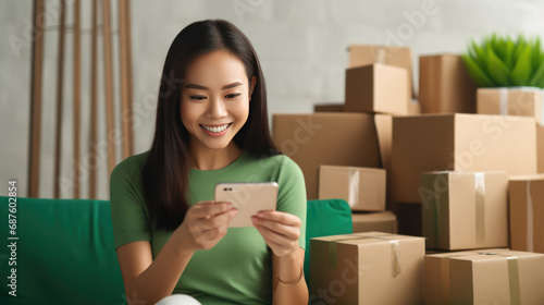 Smiling woman sitting on a sofa with a phone, surrounded by delivery boxes