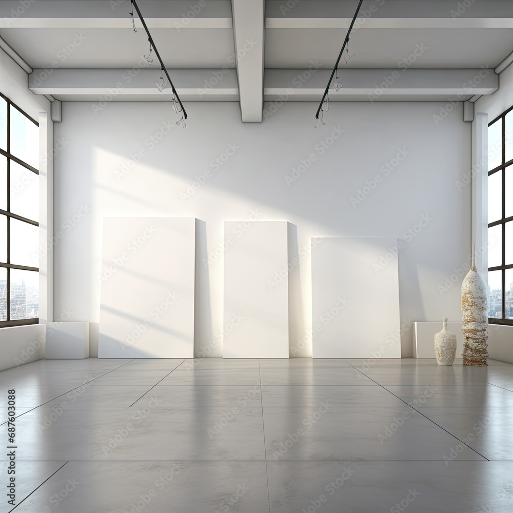 Fototapeta premium Blank Canvas on a wall, art mockup, luxurious artistic setup to showcase three paintings