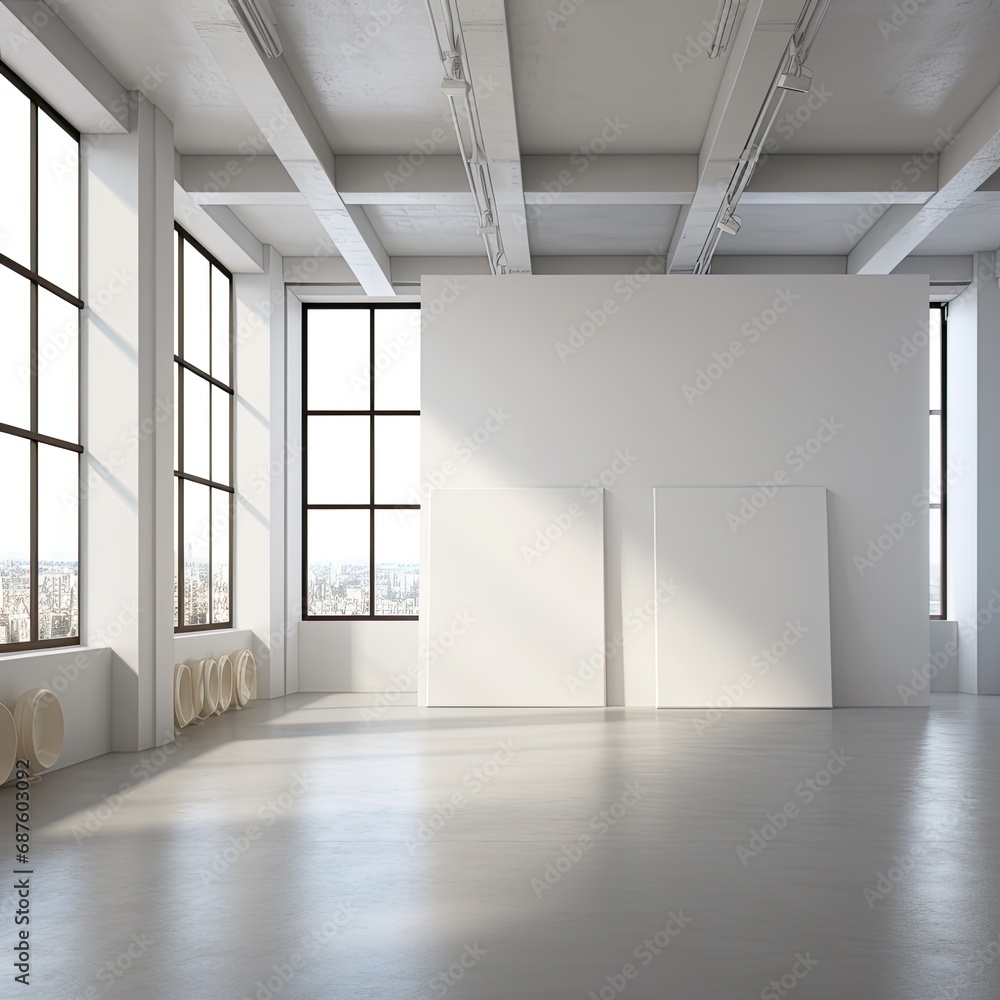 Fototapeta premium Blank Canvas on a wall, art mockup, luxurious artistic setup to showcase two paintings