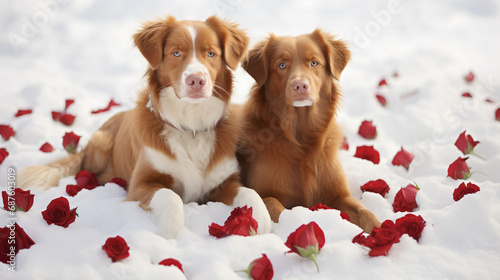 Two cute nova scotia duck tolling retriever dogs on a valentine's day. Heart made of roses on a snow background