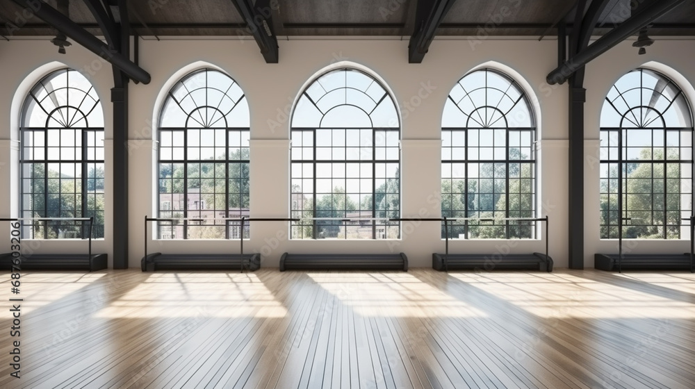 Empty dance studio and cityscape Empty dance studio and cityscape