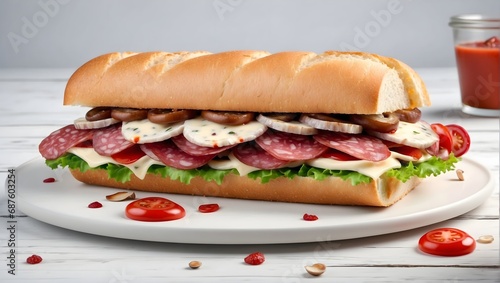 sandwich with salami, melted cheese, ketchup, mayonnaise, pieces of onion on a wooden table