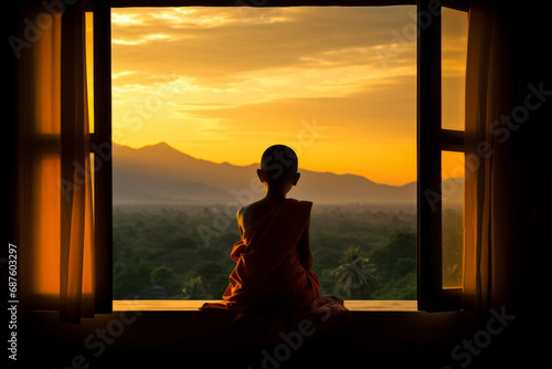 A Buddhist boy sits on the windowsill in the lotus position and looks at the sunrise © Iaroslava