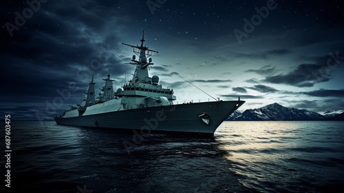 War concept. Night battle scene at sea. Silhouette of the battle ship in night.