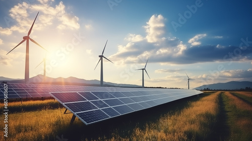 Solar panels and wind turbines landscape, renewable energy concept