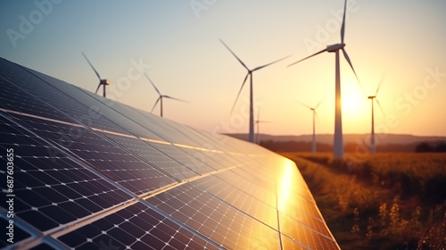 Solar panels and wind turbines renewable energy background photo