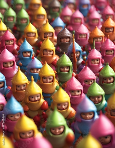 Uncanny candy doll army. An army of dolls wearing bright candy armor.