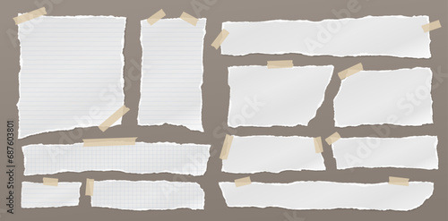 Set of torn, ripped paper strips, lined notebook sheet with adhesive type and soft shadow are on brown background for text, notes, ad.