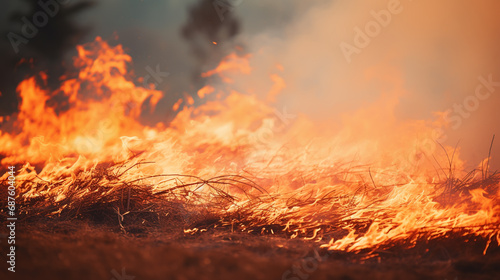 Dry grass burns on meadow in countryside at sunset. Wild fire burning dry grass in field. Orange flames and billowing smoke. Open fire.