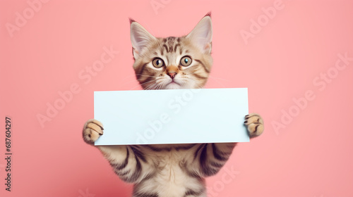 funny pet cat showing a placard isolated on white background blank web banner template and copy space photo