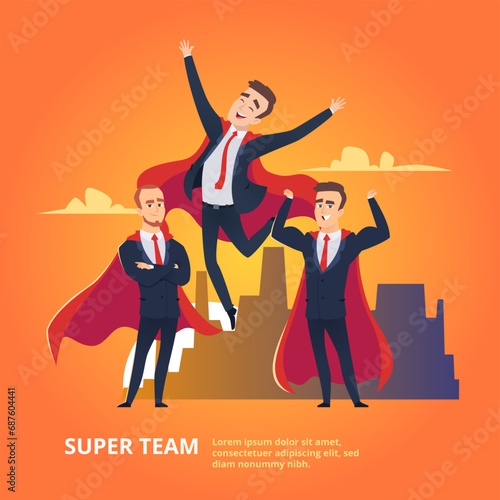 Business super team. Strong businessmen in superhero suits on skyscrapers backdrop superheros employee staff vector illustration cartoon style