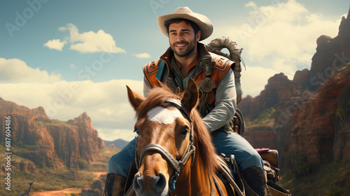 High tech cowboy riding on a horse through the desert. Concept of a futuristic frontier, blending traditional cowboy aesthetics with advanced technology in a tech-savvy wilderness.