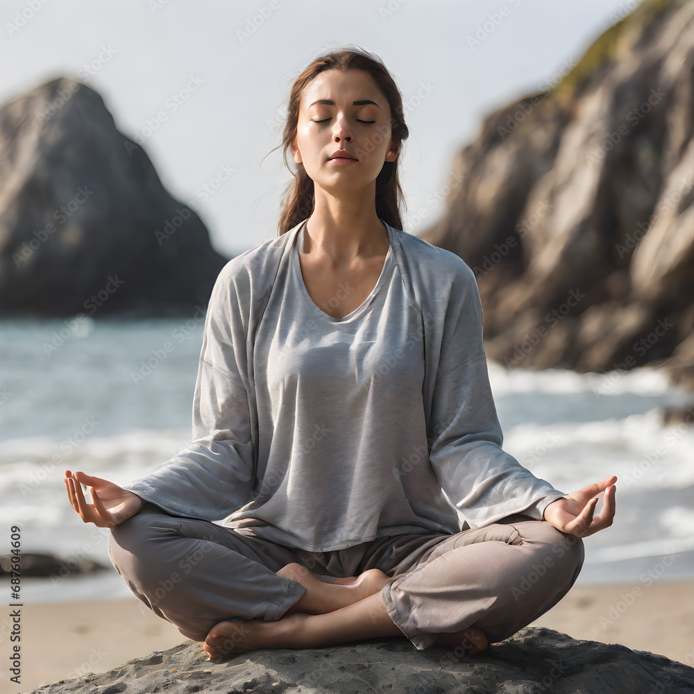 a young woman meditating on a rock at the seashore on the beach practicing mindfulness and focused,yoga