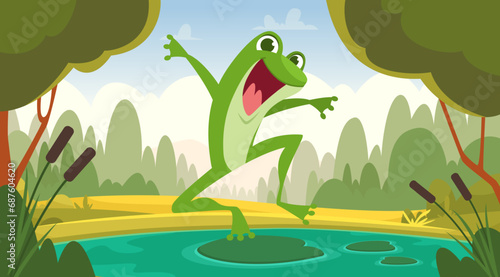 Frog jumping. happy animal frog in pond. Vector cartoon background © ONYXprj