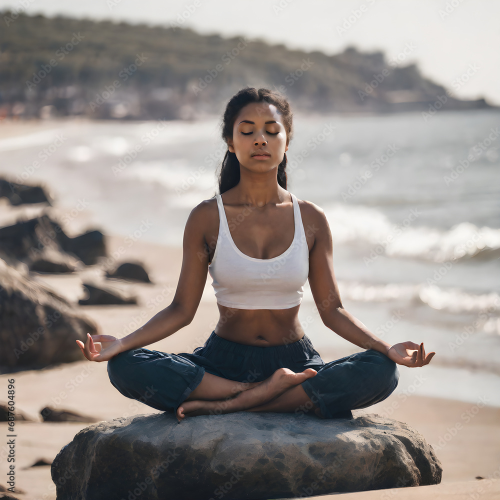 a young woman meditating on a rock at the seashore on the beach practicing mindfulness and focused,yoga