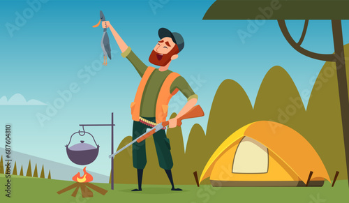 Hunter outdoor. Camping in wood cartoon illustration
