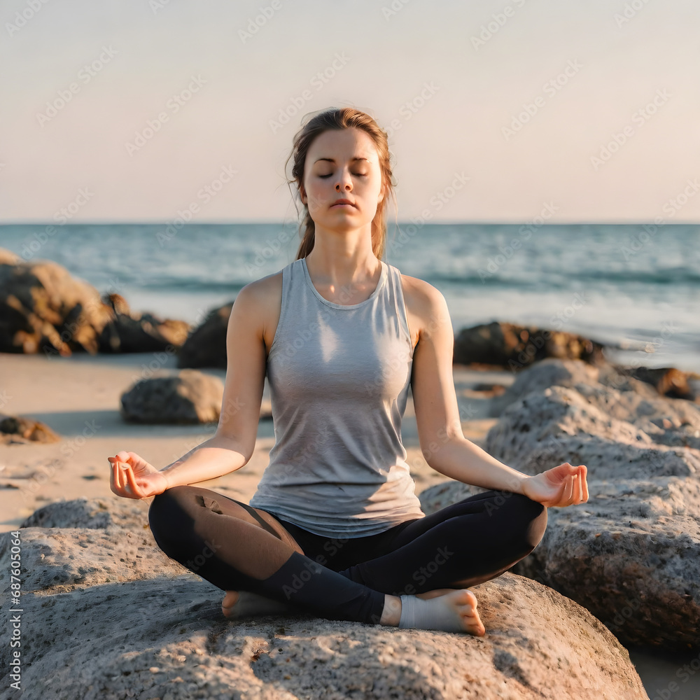 a young woman meditating on a rock at the seashore on the beach practicing mindfulness and focused,yoga