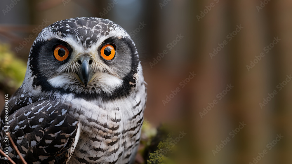 A hawk owl is perching on a branch in the wild A hawk owl is perching on a branch in the wild