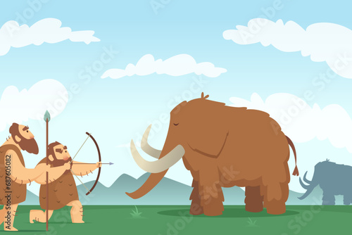 Mammoth. Ancient hunters. cartoon vector background