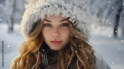 Woman Snowy Portraits: falling snowflakes, highlighting the serene and picturesque ambiance of a winter wonderland.