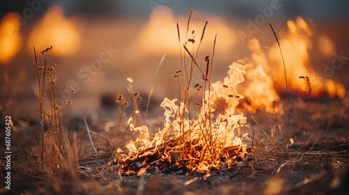 Dry grass burns on meadow in countryside at sunset. Wild fire burning dry grass in field. Orange flames and billowing smoke. Open fire.