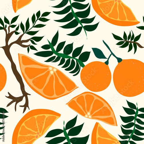 oranges with trees and leaves seamless pattern. It is suitable for fabric, textile, decorations, wrapping, clothing and more.