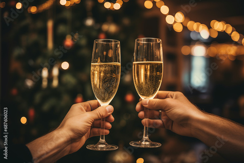 couple toast with sparkling wine for christmas