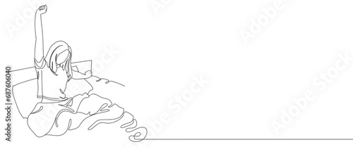 line art drawing woman wake up and still yawning, still lying in bed under blanket. Sleepy woman on bed. line art draw design graphic vector illustration photo