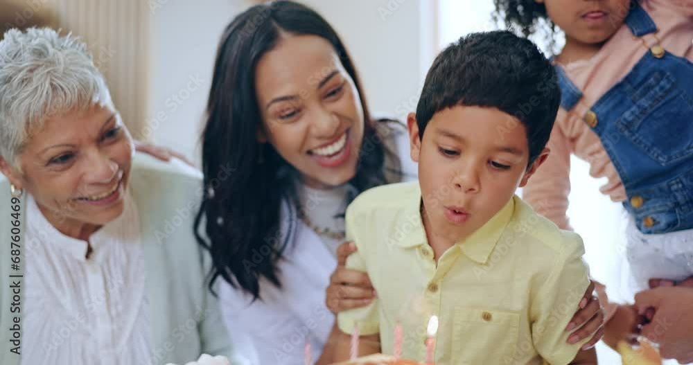 Happy family, little boy and blowing candles on birthday cake for celebration or special day together at home. Mother, grandparents and children smile applause for love, care or make a wish at house Happy family, little boy and blowing candles on birthday cake for celebration or special day together at home. Mother, grandparents and children smile applause for love, care or make a wish at house
