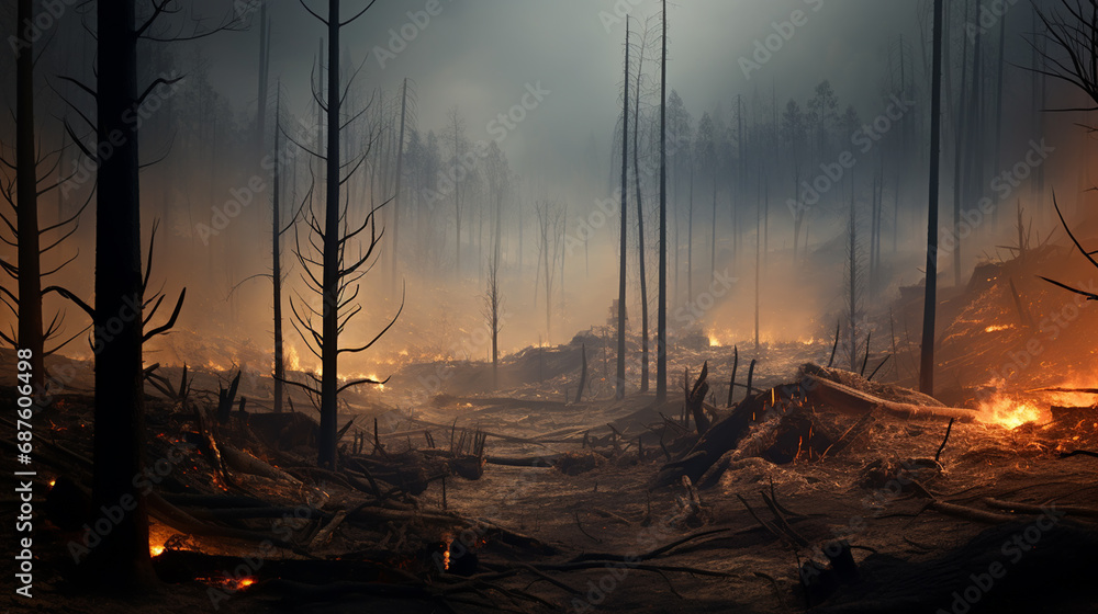 Forest fire. fallen tree is burned to the ground a lot of smoke when wildfire Forest fire. fallen tree is burned to the ground a lot of smoke when wildfire