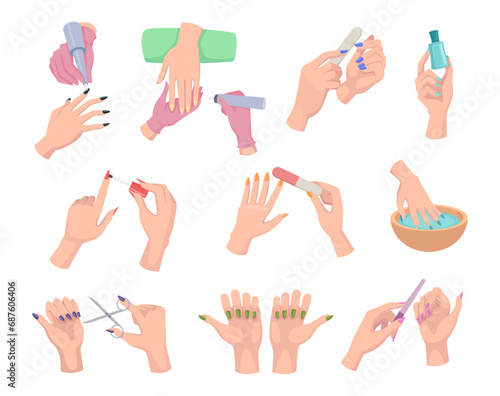 Woman hands. Manicure with polish nails exact vector cartoon illustrations