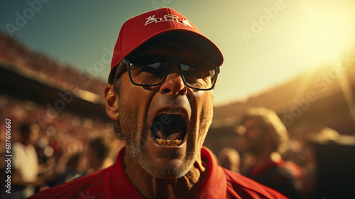 Angry sports coach yelling on the field in a stadium at the game. Concept of intensity, pressure, competitive spirit, discipline, motivation, high stakes