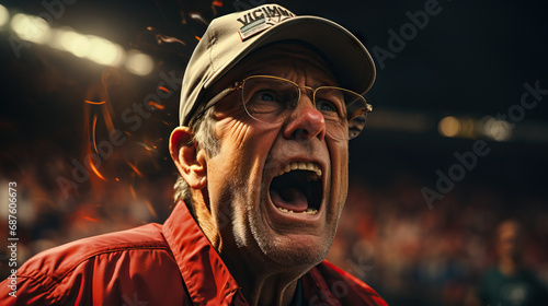 Angry sports coach yelling on the field in a stadium at the game. Concept of intensity, pressure, competitive spirit, discipline, motivation, high stakes photo