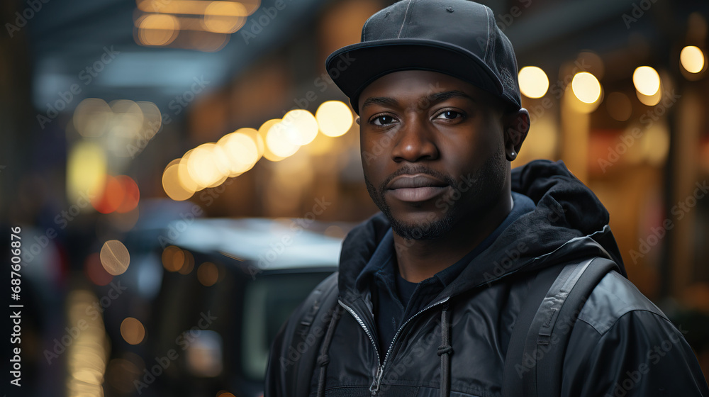 Black delivery driver man with cardboard boxes. Concept of logistics, efficiency, timely service, hard work, distribution, essential services Black delivery driver man with cardboard boxes. Concept of logistics, efficiency, timely service, hard work, distribution, essential services