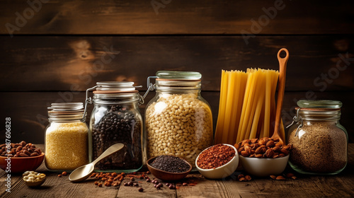 food, healthy eating and diet concept - jars with oat, corn flakes and granola photo