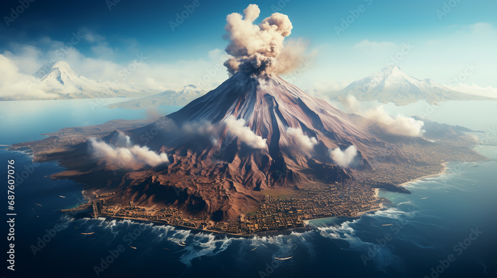 Obraz premium Massive Volcano Eruption. A large volcano erupting hot lava and gases into the atmosphere.