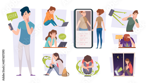 Cyberbullying. Online social media violence exact vector cyberbullying pictures collection