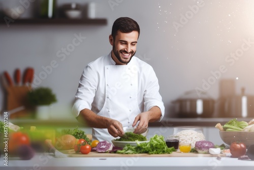 Male chef prepares a delicious, healthy dish © YouraPechkin