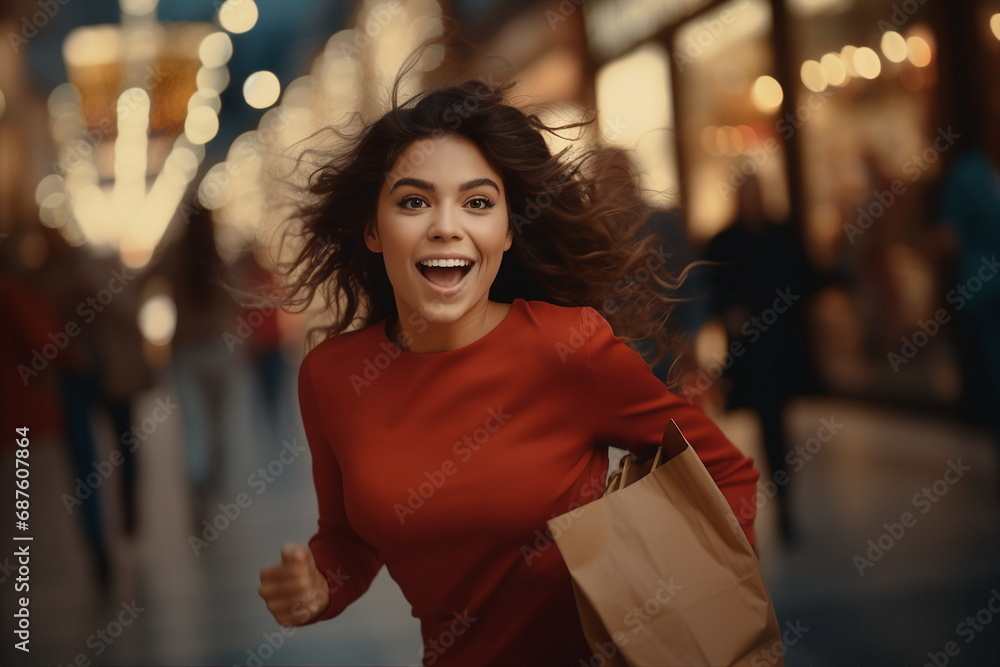 woman with expression face run an hold shopping bags woman with expression face run an hold shopping bags