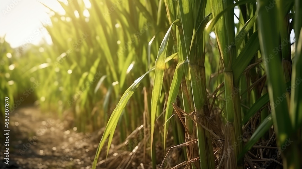 Obraz premium Detail of organic sugar cane plantation, ready to harvest in the morning