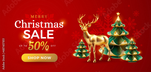 Merry Christmas sale promotion poster banner template - Discount 50% off text and button - festive decoration gold Christmas deer and Christmas tree on red background - vector illustration