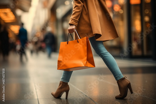 woman legs , hand hold shopping bag on street