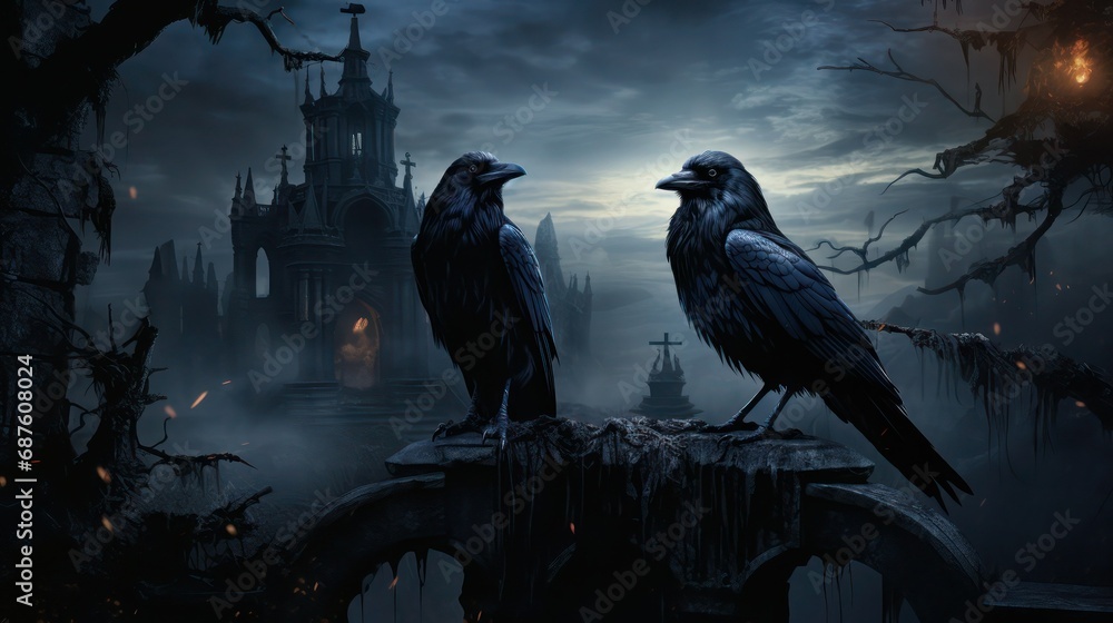Fototapeta premium Two magic black ravens on the background of old gloomy Gothic castle in a foggy night.