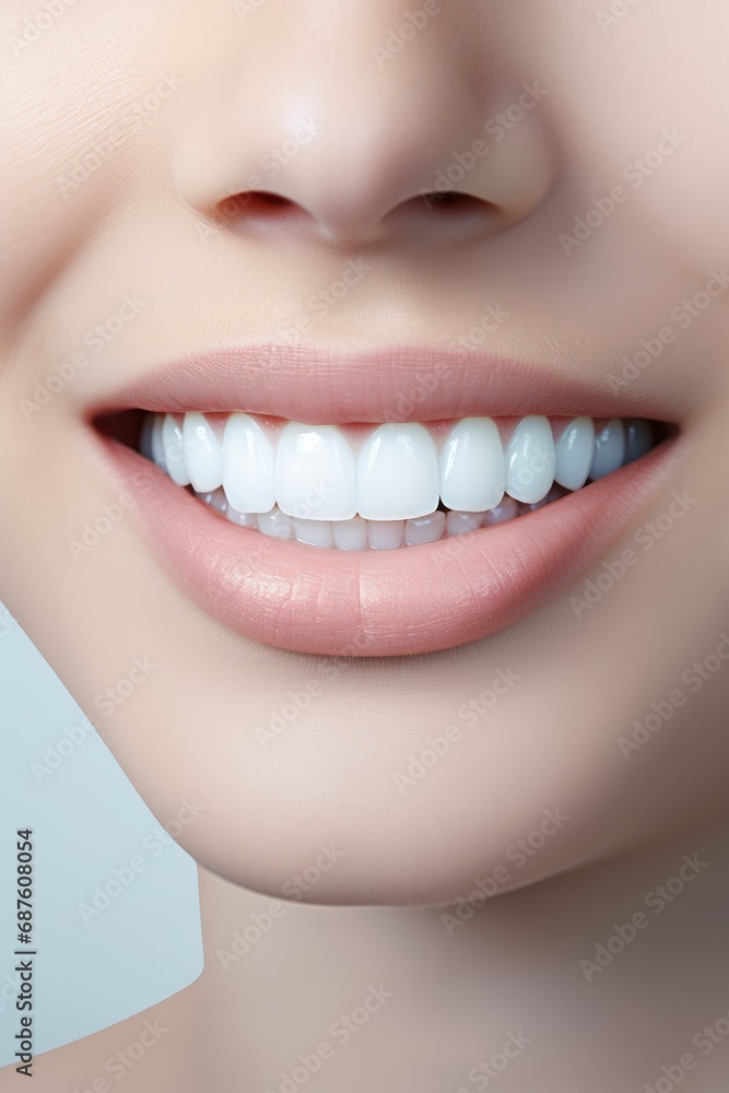 A close-up photo of the lower part of a female face. Beautiful, cute smile with immaculate, perfect teeth. Chin, nose, and mouth visible.
