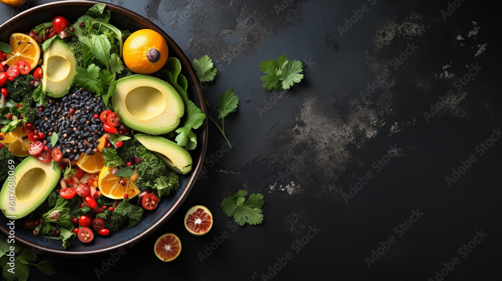 Avocado, tomato and cucumber salad with fresh herbs on dark stone background. Healthy summertime salad. Copy space